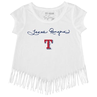 Girls Toddler Tiny Turnip White Texas Rangers Script Logo Fringe T-Shirt