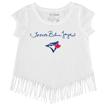 Girls Toddler Tiny Turnip White Toronto Blue Jays Script Logo Fringe T-Shirt