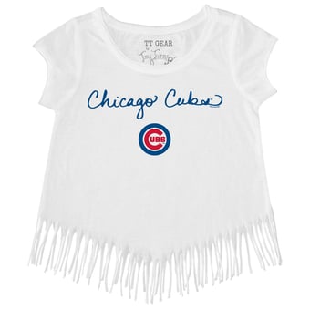 Girls Toddler Tiny Turnip White Chicago Cubs Script Logo Fringe T-Shirt