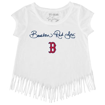 Girls Toddler Tiny Turnip White Boston Red Sox Script Logo Fringe T-Shirt