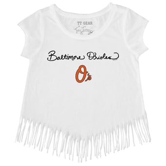 Girls Toddler Tiny Turnip White Baltimore Orioles Script Logo Fringe T-Shirt