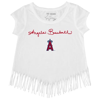 Girls Toddler Tiny Turnip White Los Angeles Angels Script Logo Fringe T-Shirt