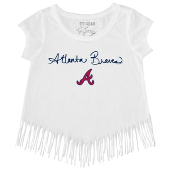 Girls Toddler Tiny Turnip White Atlanta Braves Script Logo Fringe T-Shirt