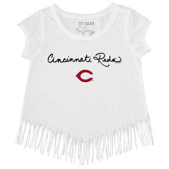 Girls Toddler Tiny Turnip White Cincinnati Reds Script Logo Fringe T-Shirt