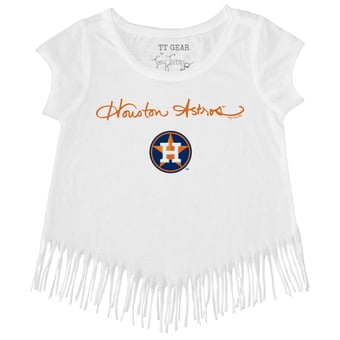Girls Toddler Tiny Turnip White Houston Astros Script Logo Fringe T-Shirt