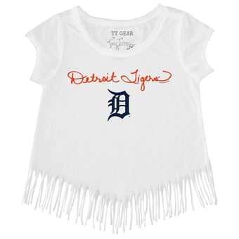 Girls Toddler Tiny Turnip White Detroit Tigers Script Logo Fringe T-Shirt