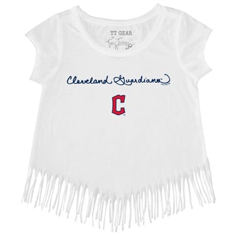 Girls Toddler Tiny Turnip White Cleveland Guardians Script Logo Fringe T-Shirt