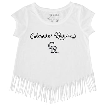 Girls Toddler Tiny Turnip White Colorado Rockies Script Logo Fringe T-Shirt