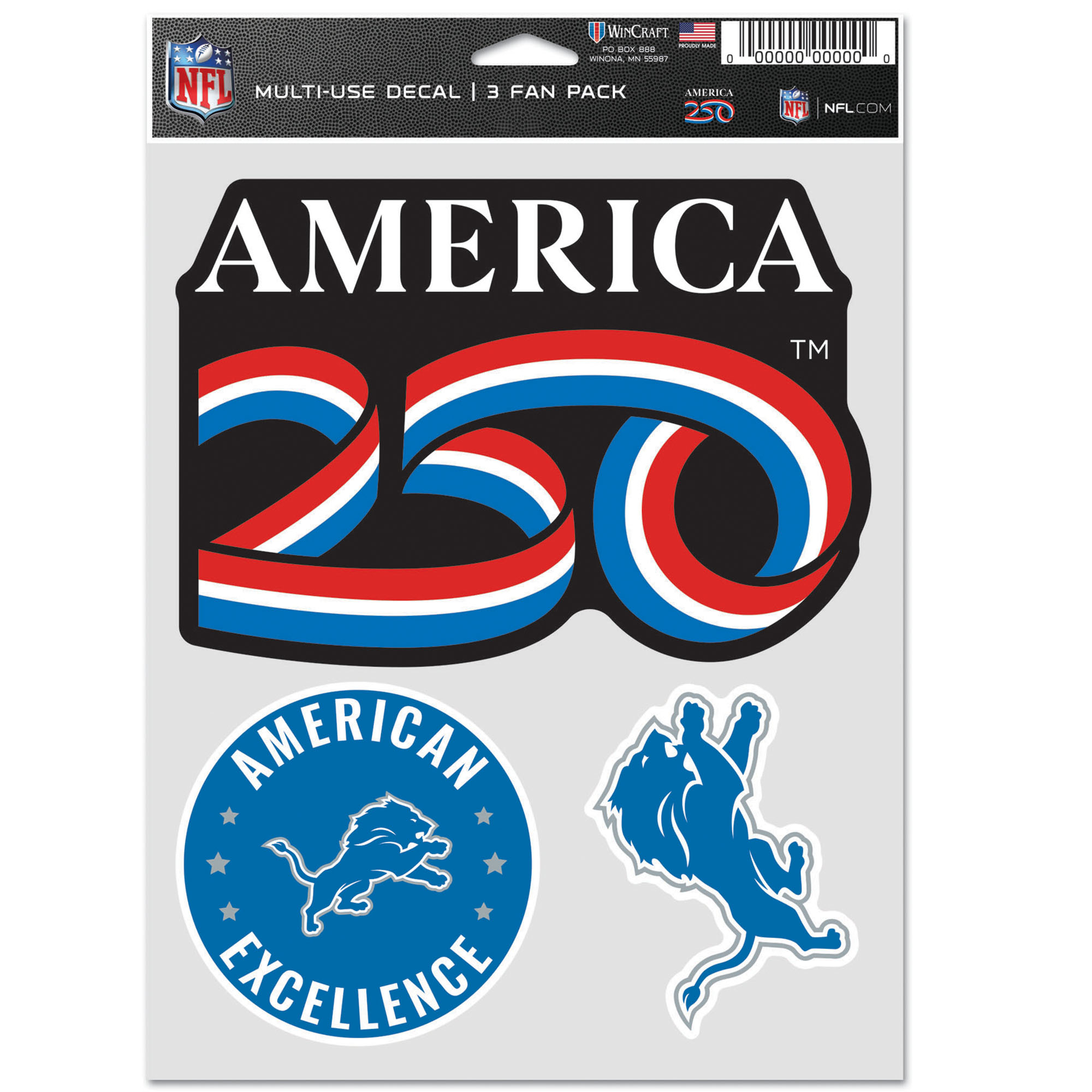 WinCraft Detroit Lions America 250 5.5" x 7.75" Three-Piece Fan Decal Set