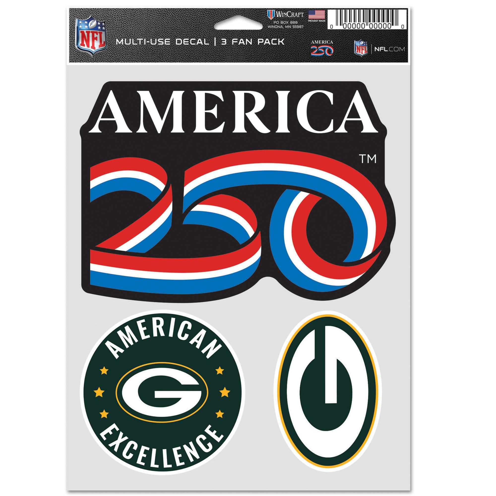 WinCraft Green Bay Packers America 250 5.5" x 7.75" Three-Piece Fan Decal Set
