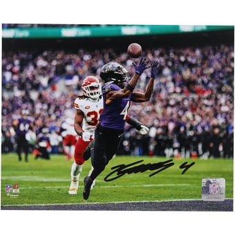 Zay Flowers Baltimore Ravens Autographed 8" x 10" Over the Shoulder Catch Photograph