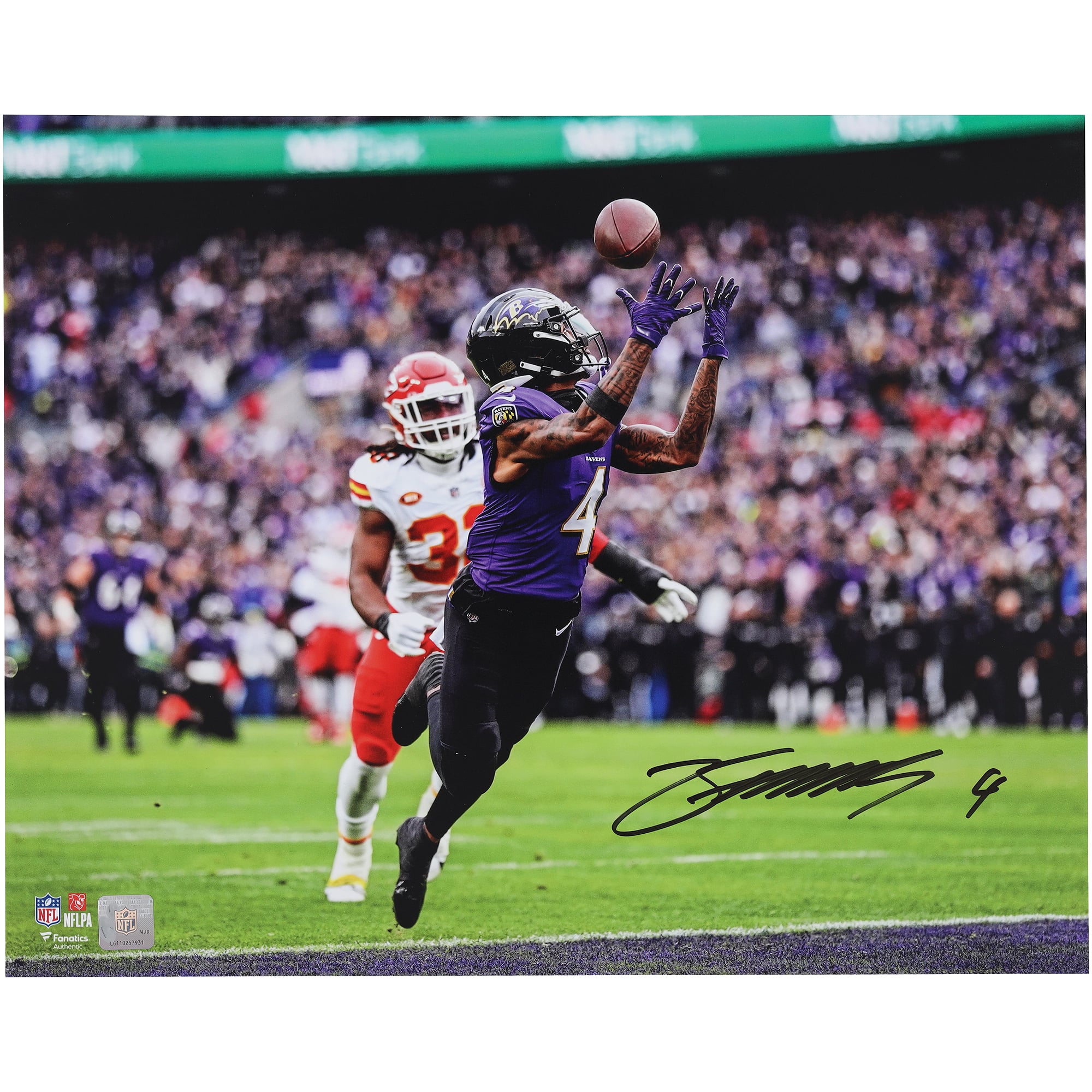 Zay Flowers Baltimore Ravens Autographed 16" x 20" Over the Shoulder Catch Photograph
