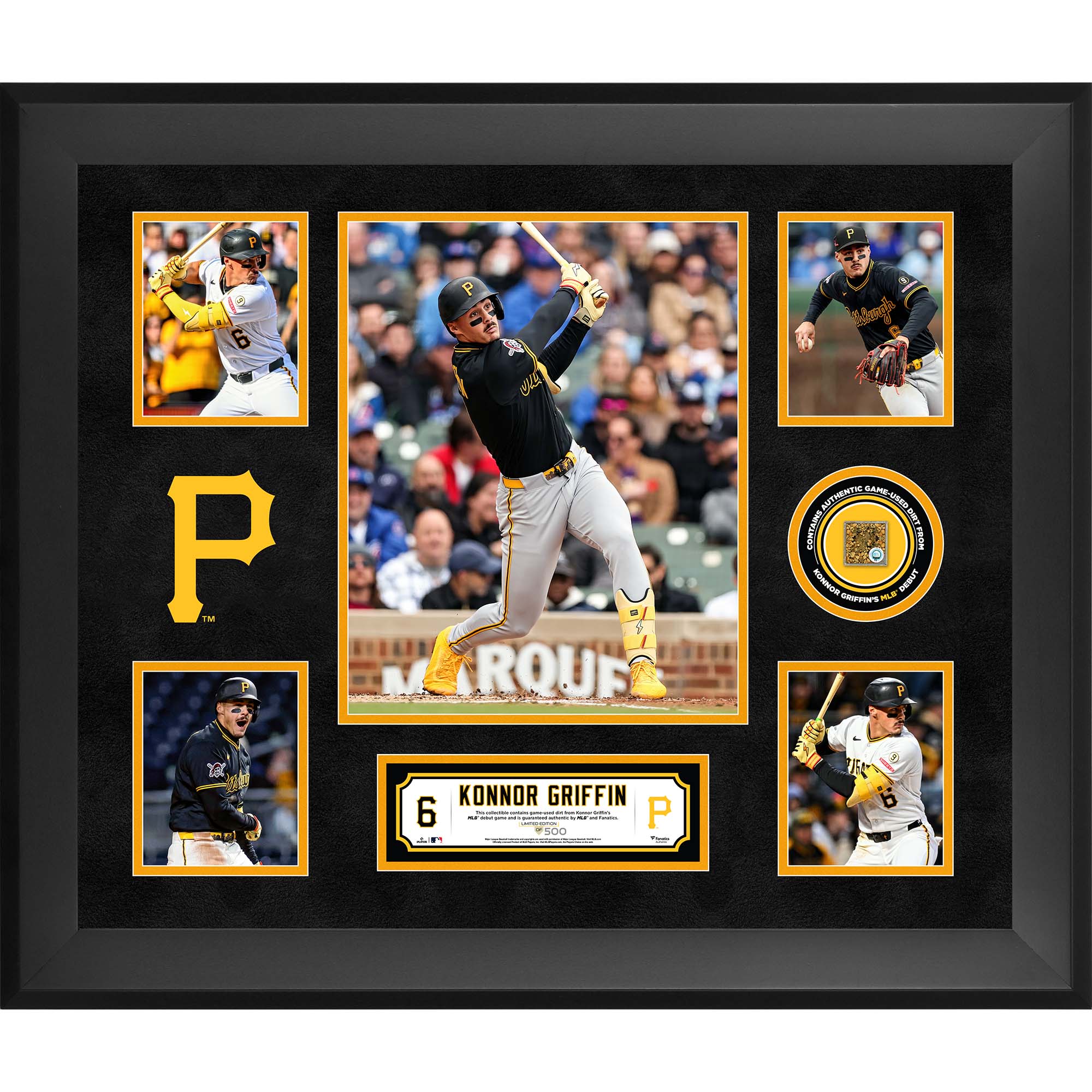 Konnor Griffin Pittsburgh Pirates Framed 5-Photo Collage with a Capsule of Game-Used Dirt from MLB Debut - Limited Edition of 500
