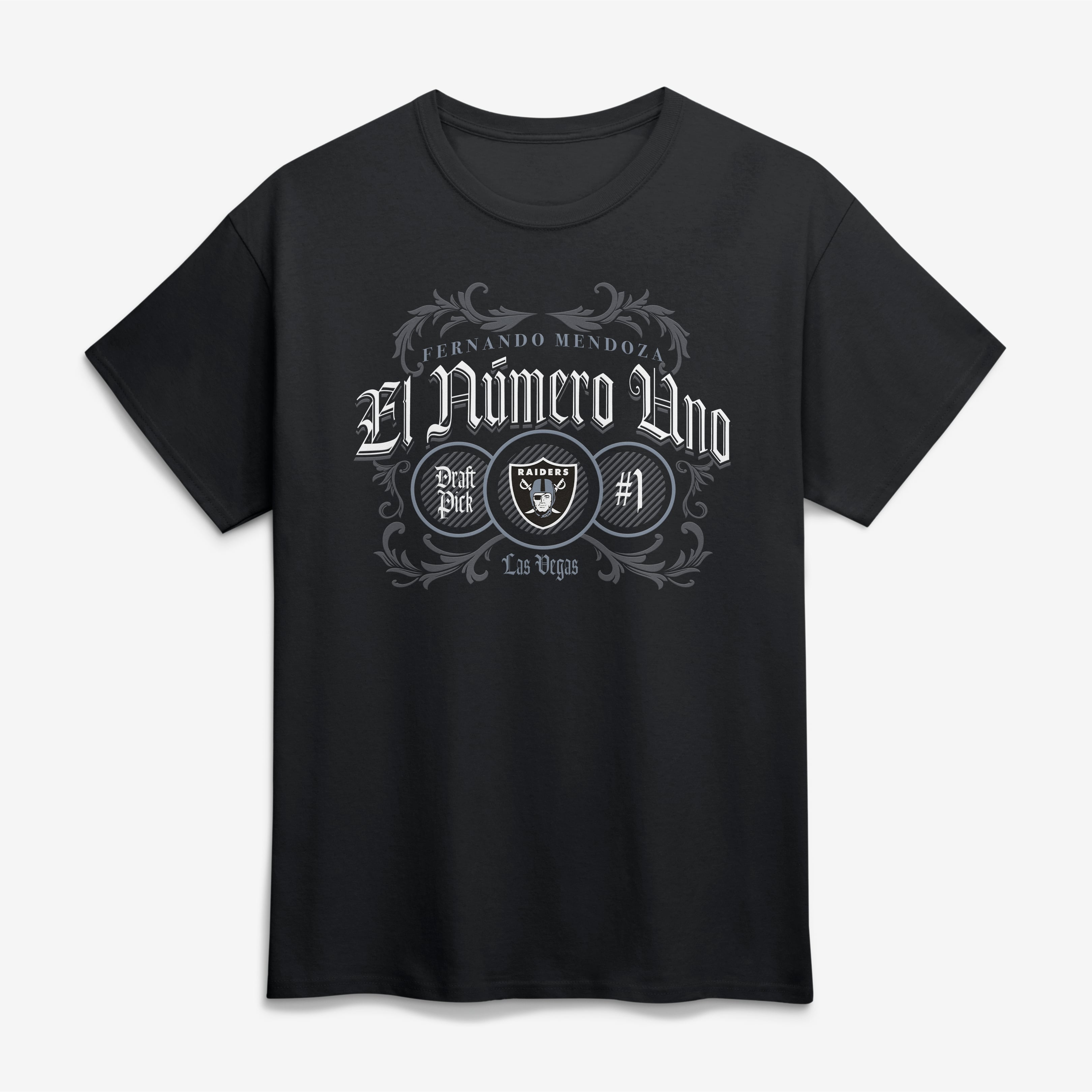 Men's Fanatics Fernando Mendoza Black Las Vegas Raiders El Numero Uno T-Shirt
