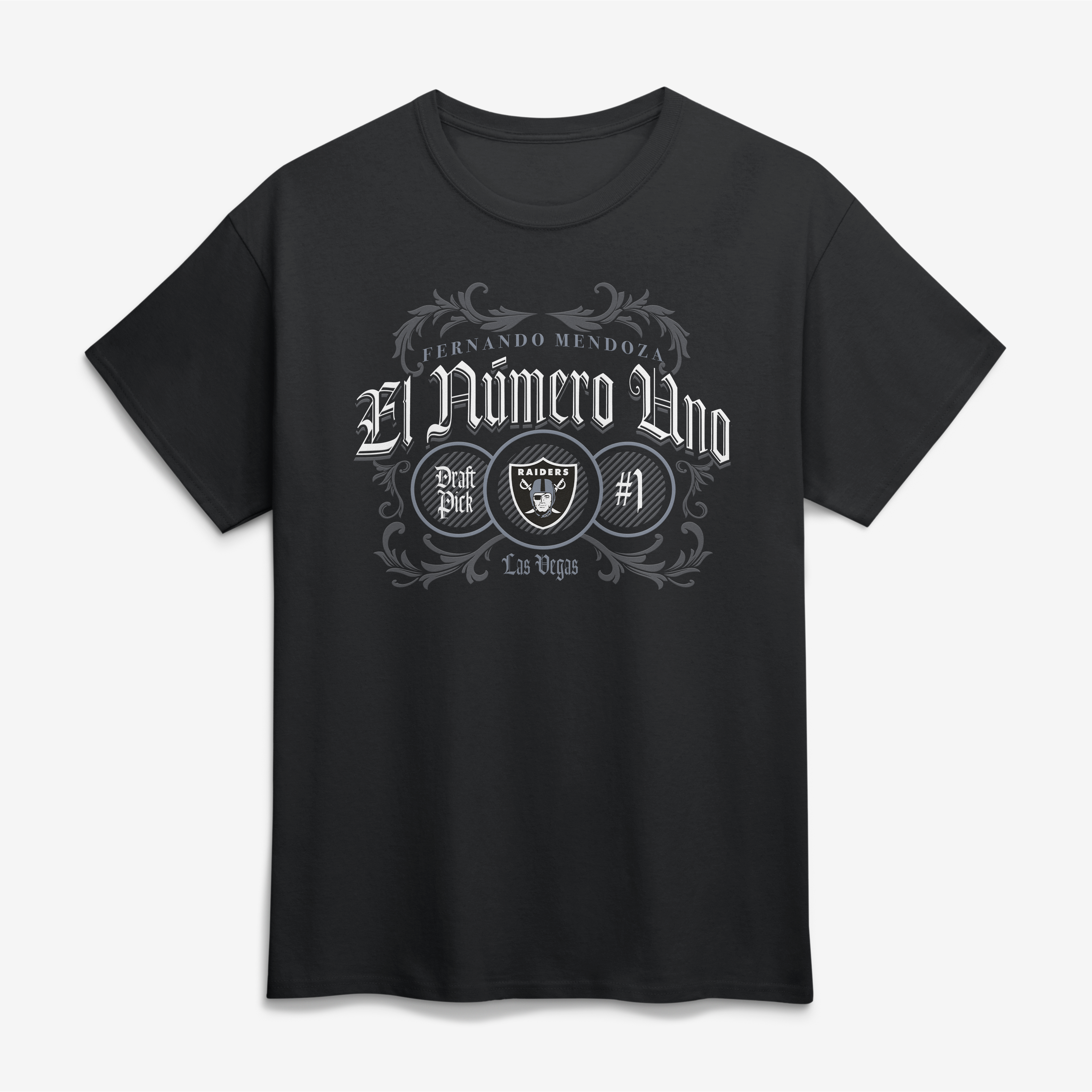 Men's Fanatics Fernando Mendoza Black Las Vegas Raiders El Numero Uno T-Shirt