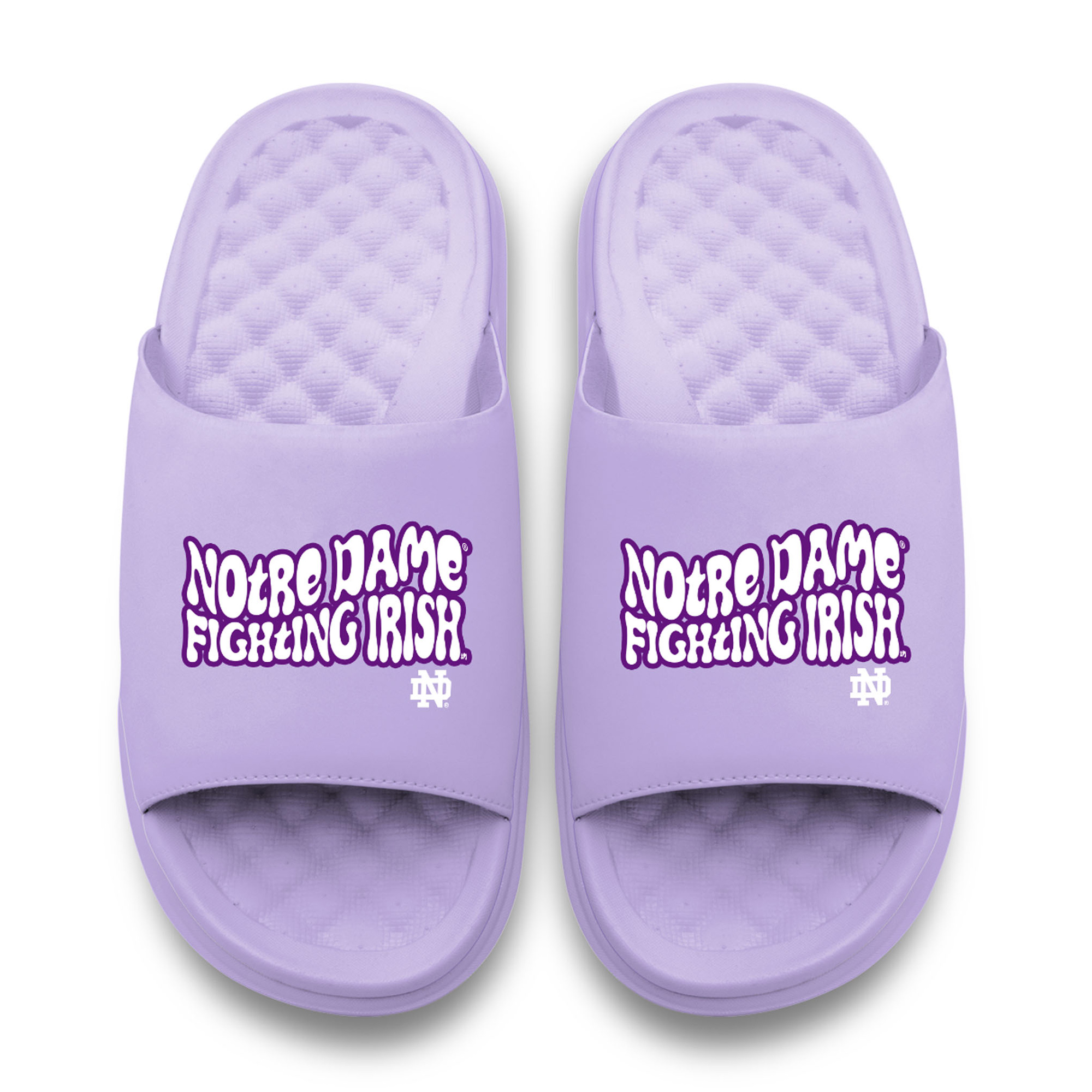 Unisex ISlide Lavender Notre Dame Fighting Irish Bubble Letters Motive Slide Sandals