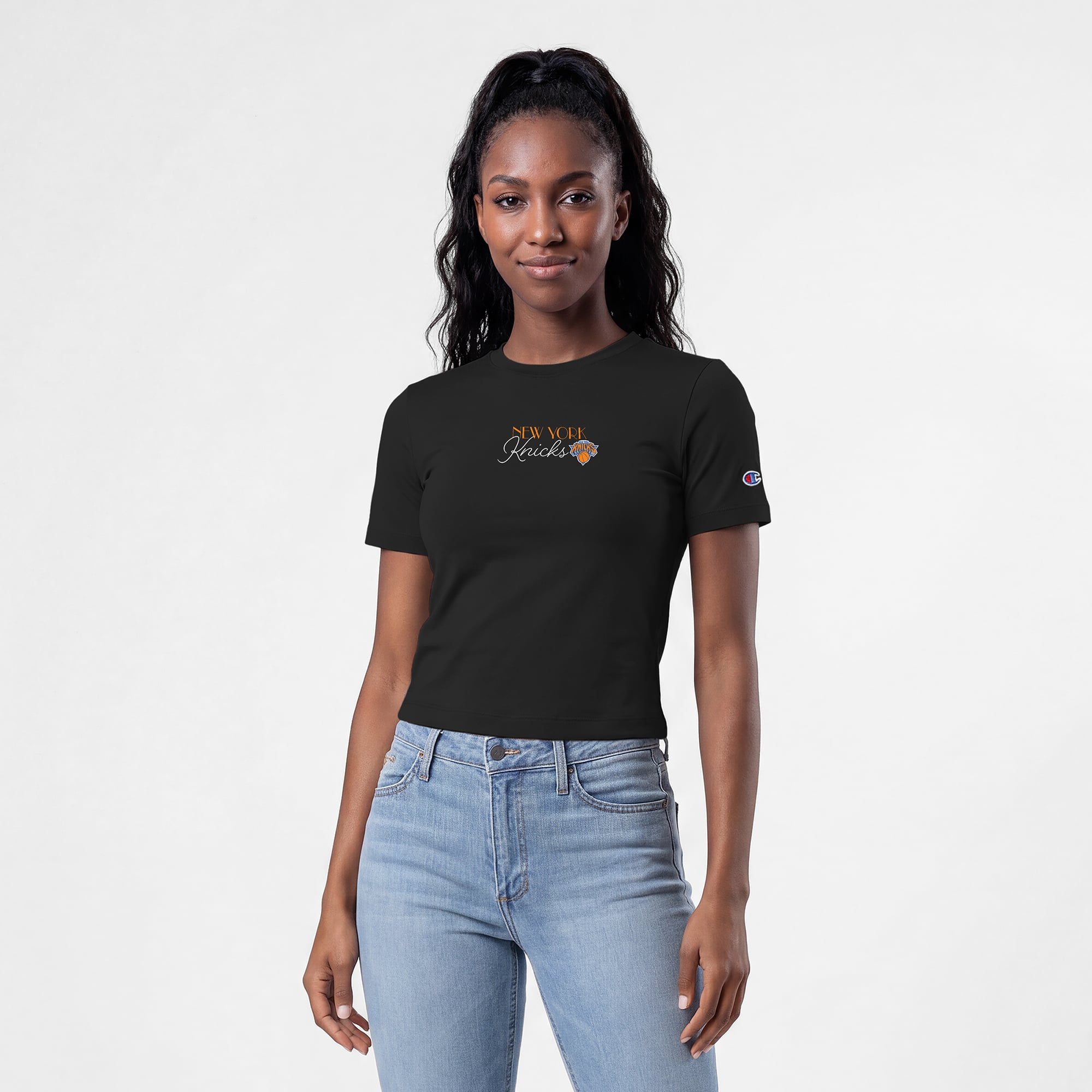 Women's Champion Black New York Knicks Soft Touch Fitted Cropped T-Shirt
