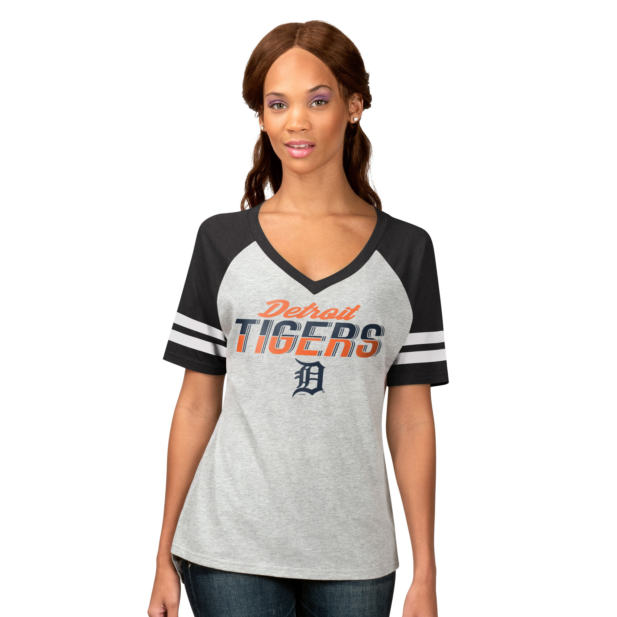 Women's G-III 4Her by Carl Banks Heather Gray Detroit Tigers Goal Line Raglan V-Neck T-Shirt
