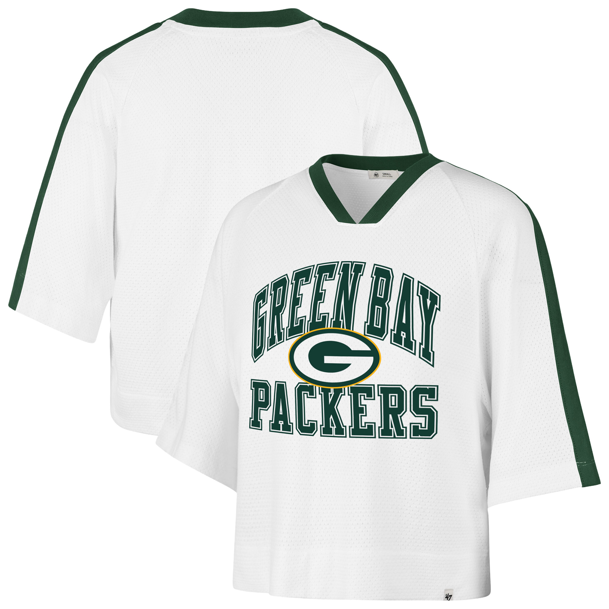 '47 Brand Women's White Green Bay Packers Big Overarch Drop Needle Raglan V-Neck T-Shirt - White