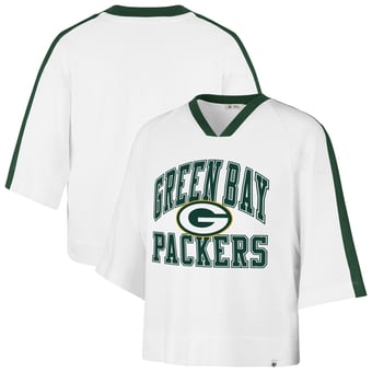 Women's '47 White Green Bay Packers Big Overarch Drop Needle Raglan V-Neck T-Shirt