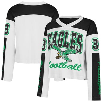 Women's '47  White Philadelphia Eagles Exclamation Metro V-Neck Long Sleeve Jersey T-Shirt