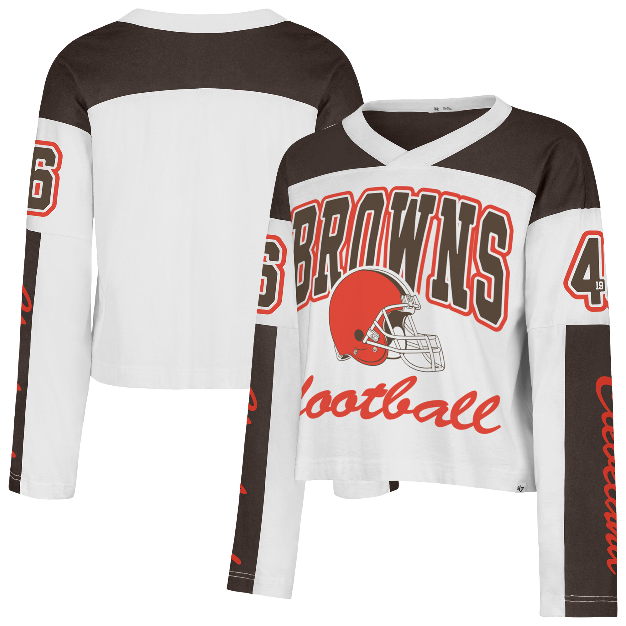 Women's '47 White Cleveland Browns Exclamation Metro V-Neck Long Sleeve Jersey T-Shirt