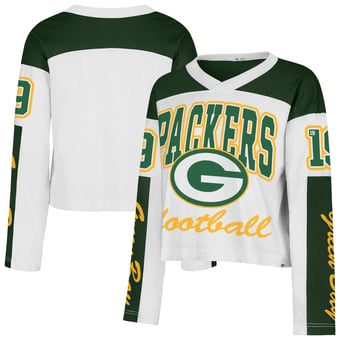 Women's '47  White Green Bay Packers Exclamation Metro V-Neck Long Sleeve Jersey T-Shirt
