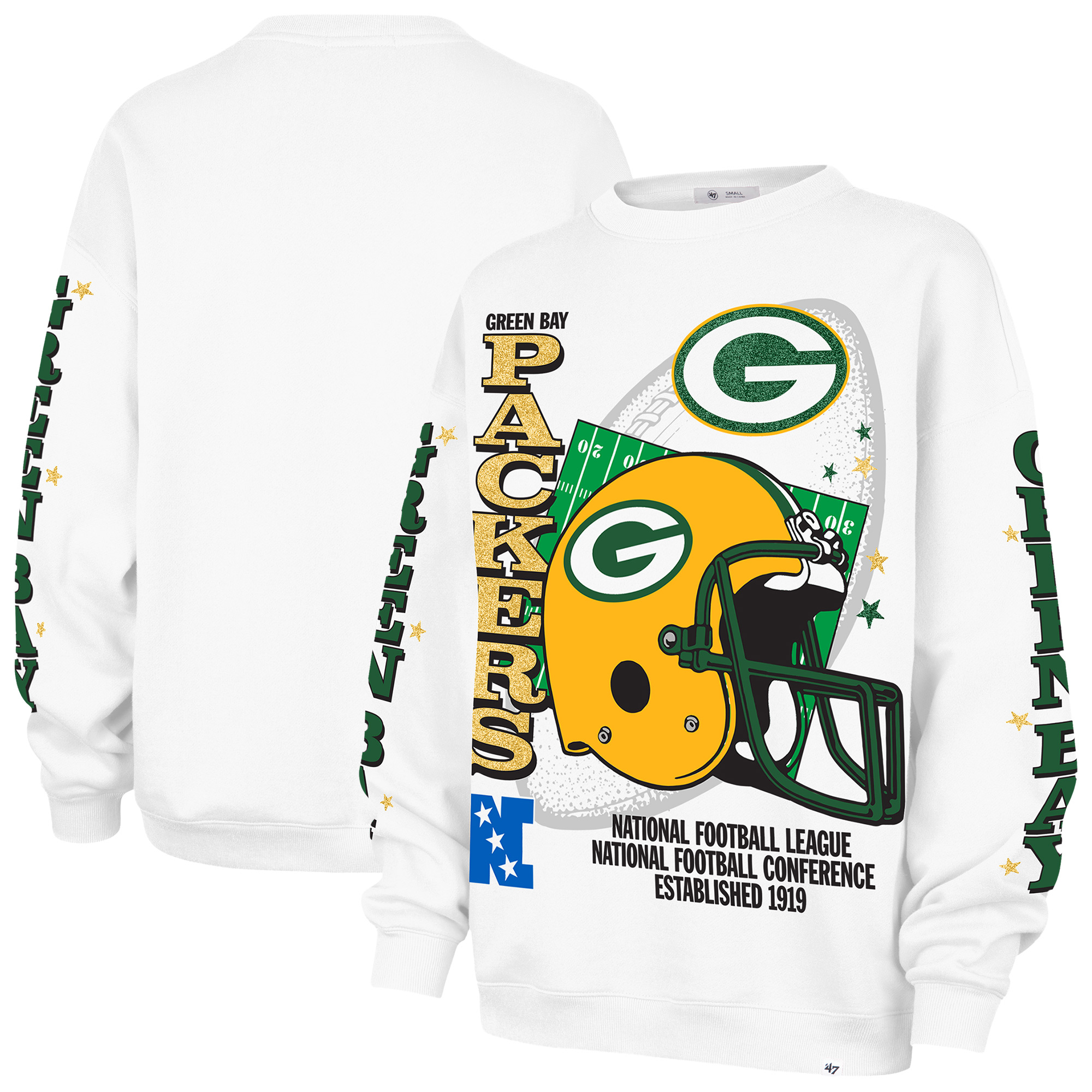Women's '47 White Green Bay Packers Thunderous Oversized Fleece Sweatshirt