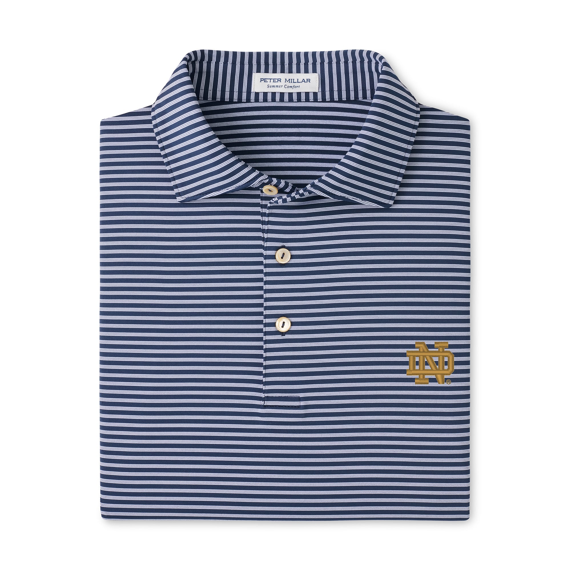 Men's Peter Millar Navy Notre Dame Fighting Irish Tiebreaker Performance Jersey Stripe Polo