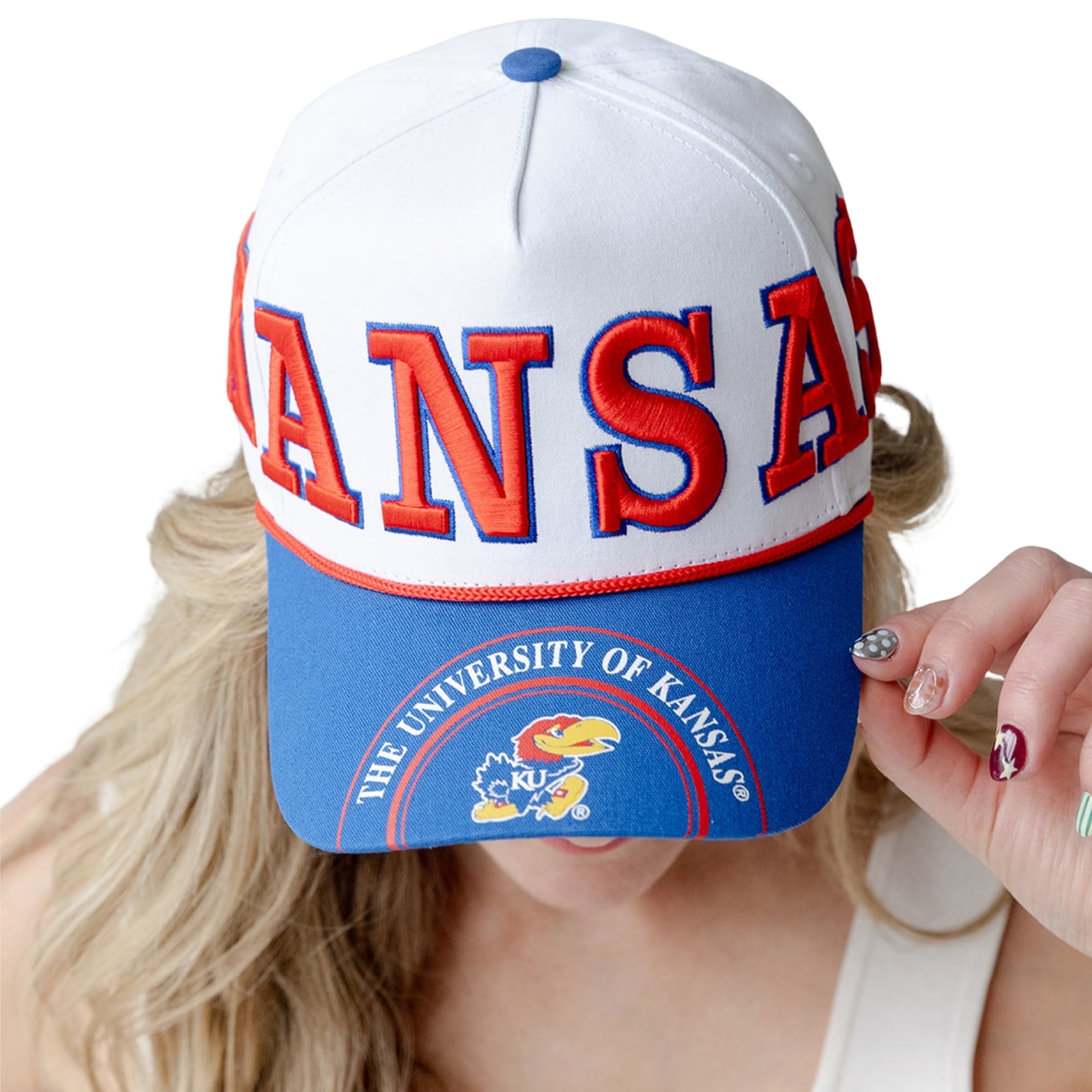 Women's Gameday Social  White/Royal Kansas Jayhawks Five-Panel Rope Away Adjustable Hat
