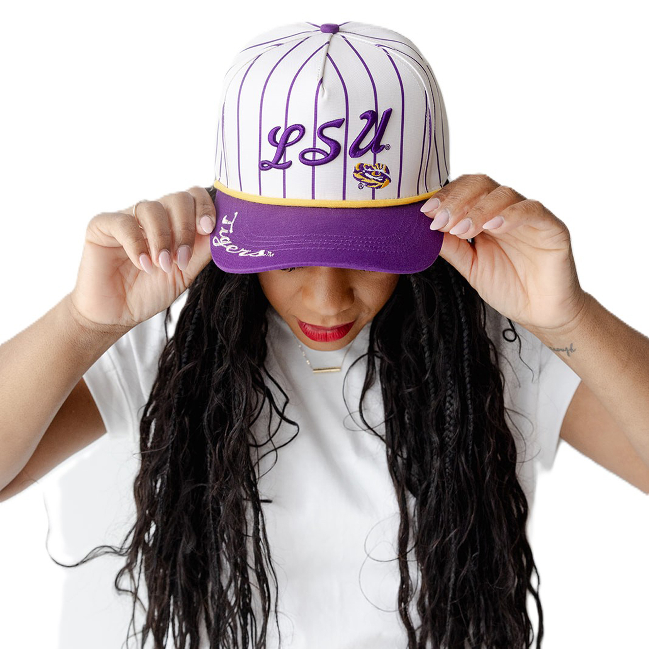 Women's Gameday Social White LSU Tigers Pinstripe Script Five-Panel Rope Adjustable Hat