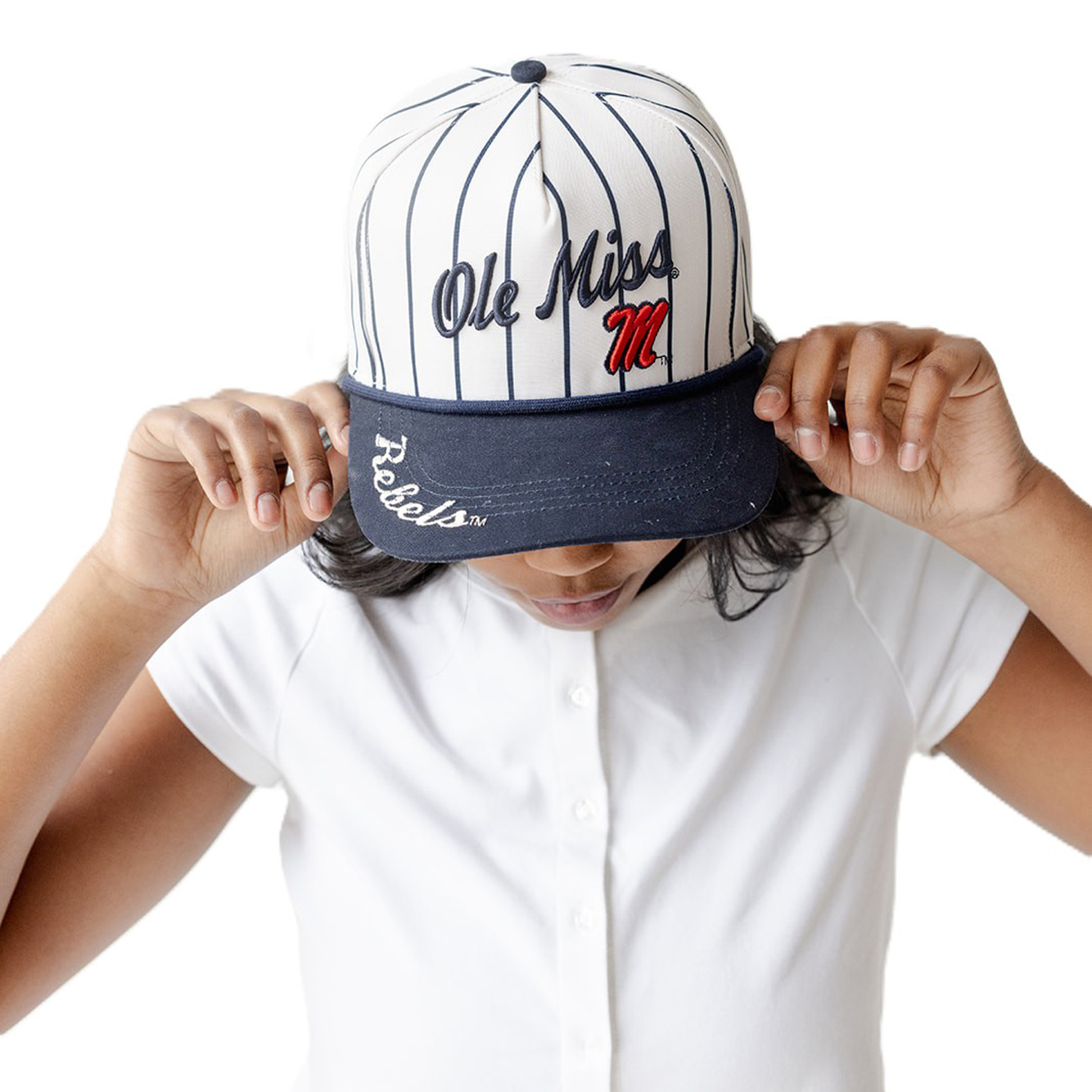 Women's Gameday Social White Ole Miss Rebels Pinstripe Script Five-Panel Rope Adjustable Hat