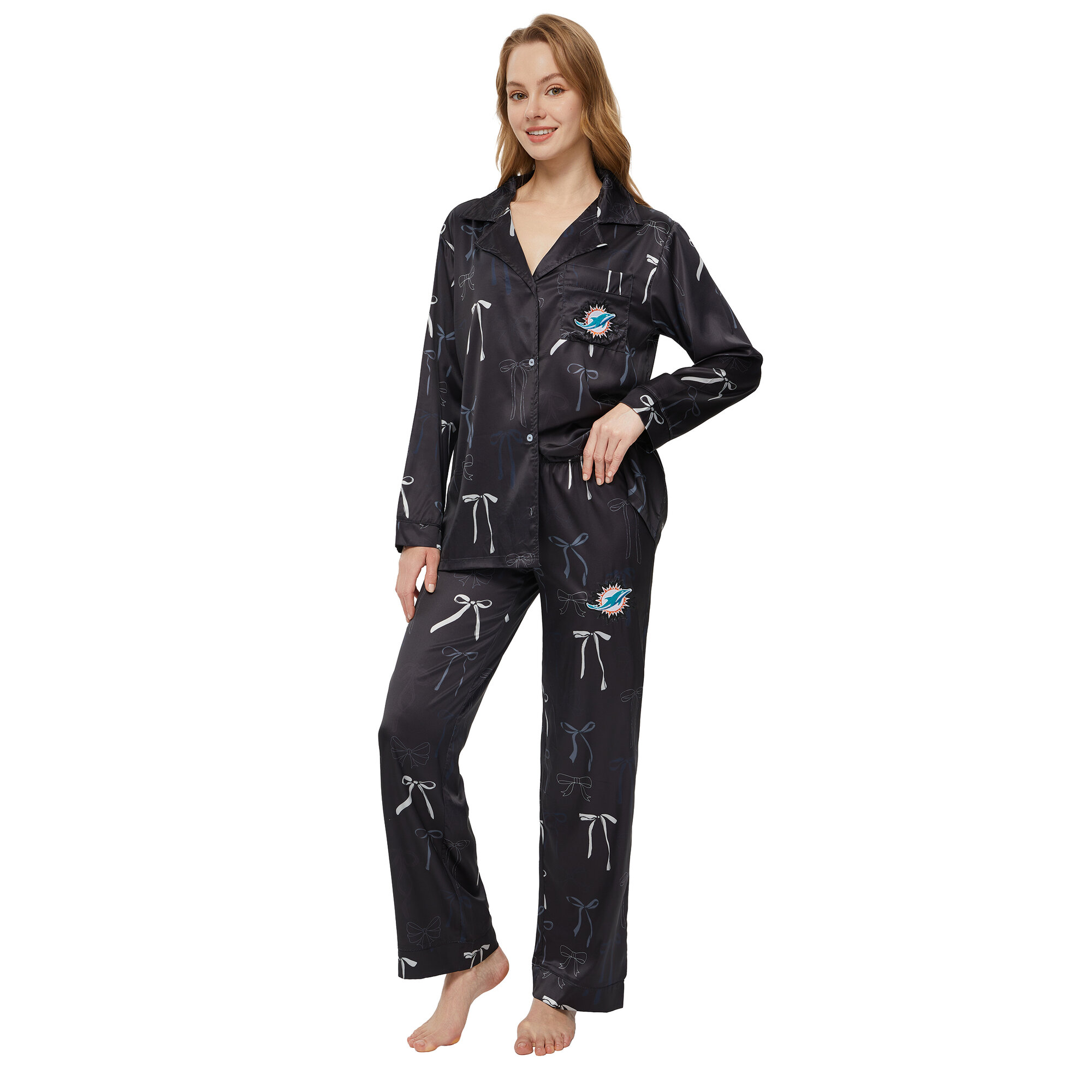 Women's Concepts Sport Black Miami Dolphins Poppy Satin Long Sleeve Top and Pants Sleep Set