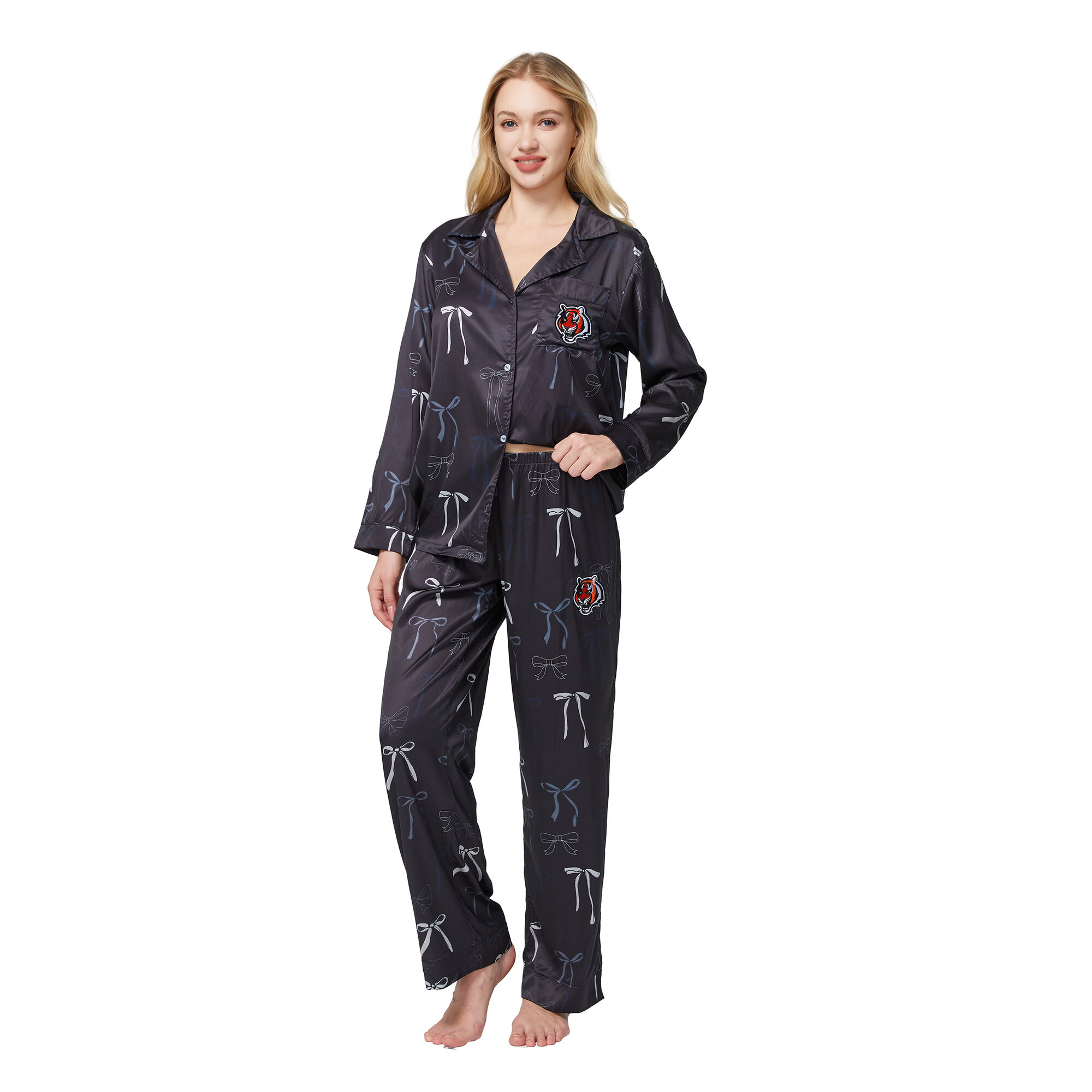 Women's Concepts Sport  Black Cincinnati Bengals Poppy Satin Long Sleeve Top and Pants Sleep Set