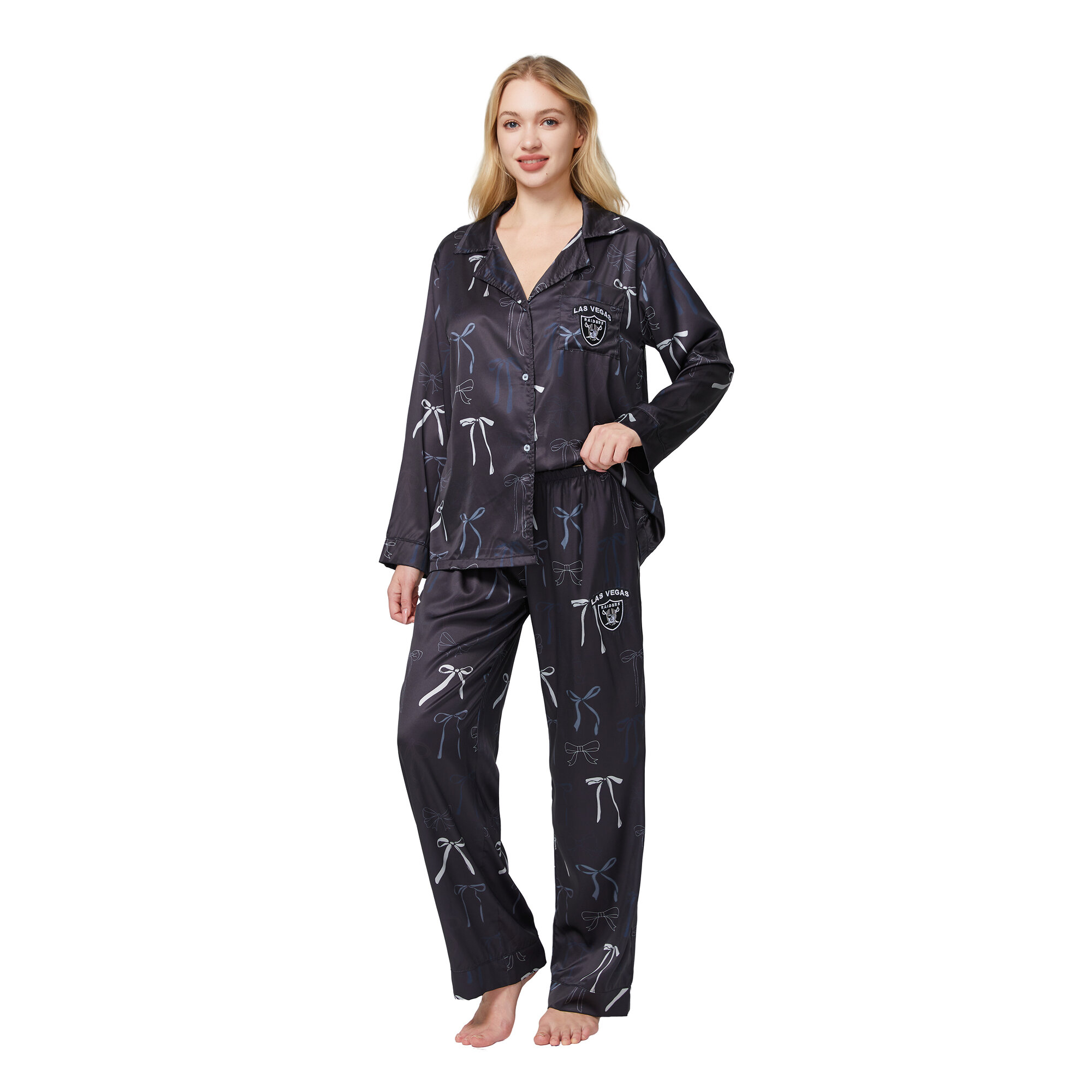 Women's Concepts Sport Black Las Vegas Raiders Poppy Satin Long Sleeve Top and Pants Sleep Set