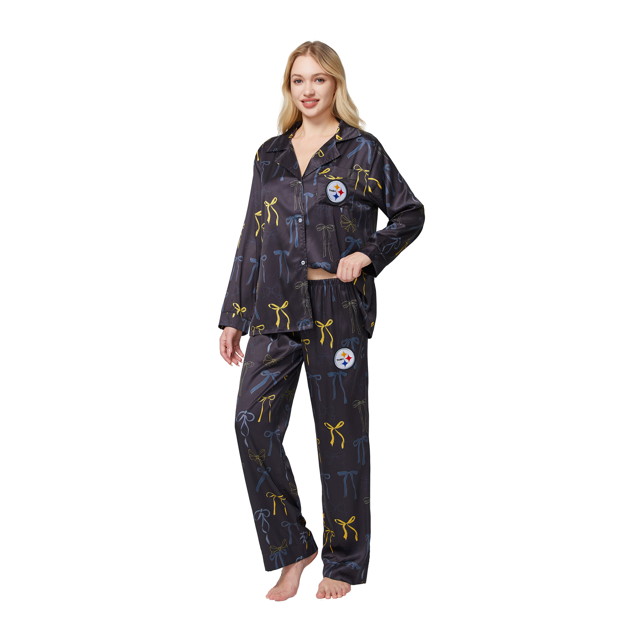 Women's Concepts Sport  Black Pittsburgh Steelers Poppy Satin Long Sleeve Top and Pants Sleep Set