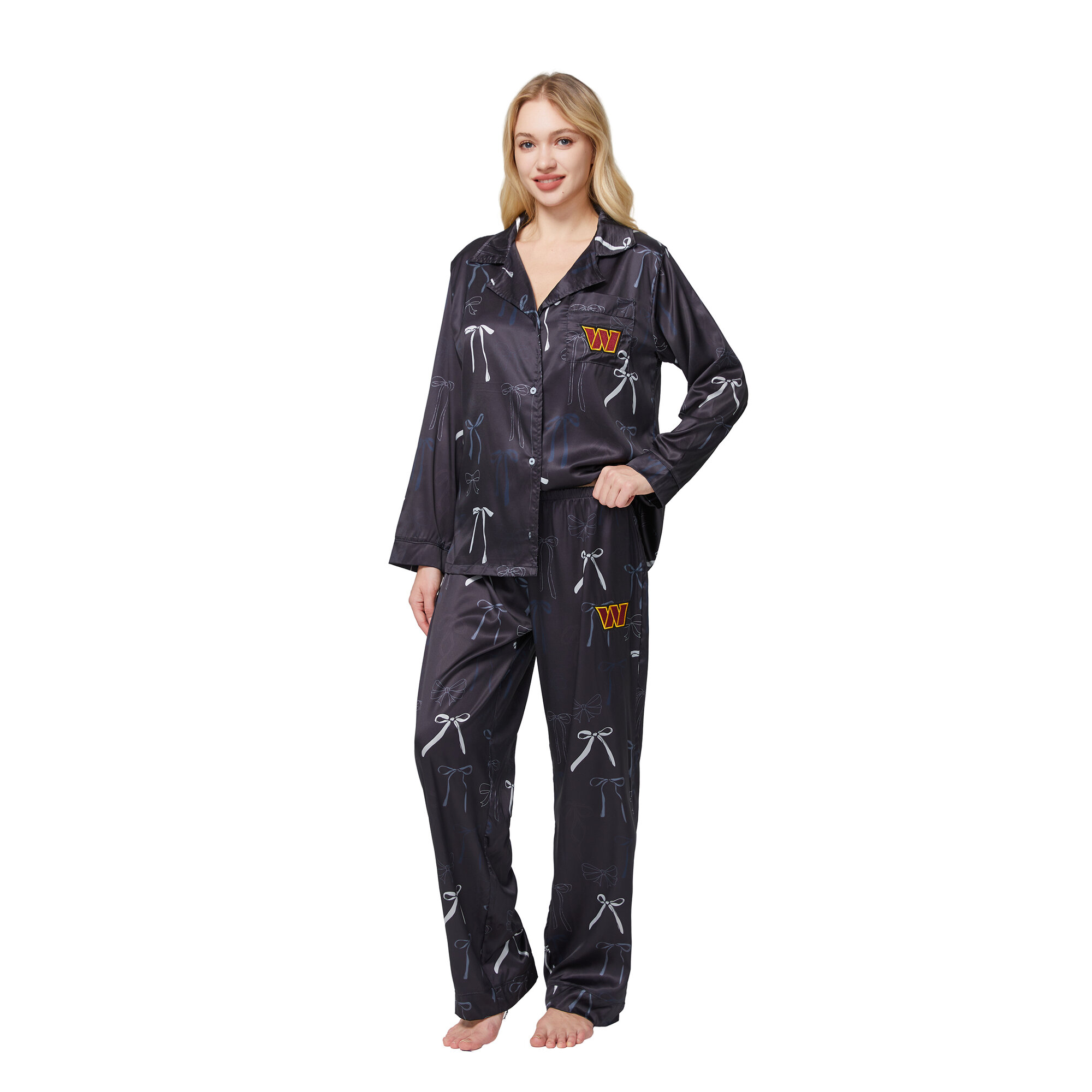 Women's Concepts Sport  Black Washington Commanders Poppy Satin Long Sleeve Top and Pants Sleep Set