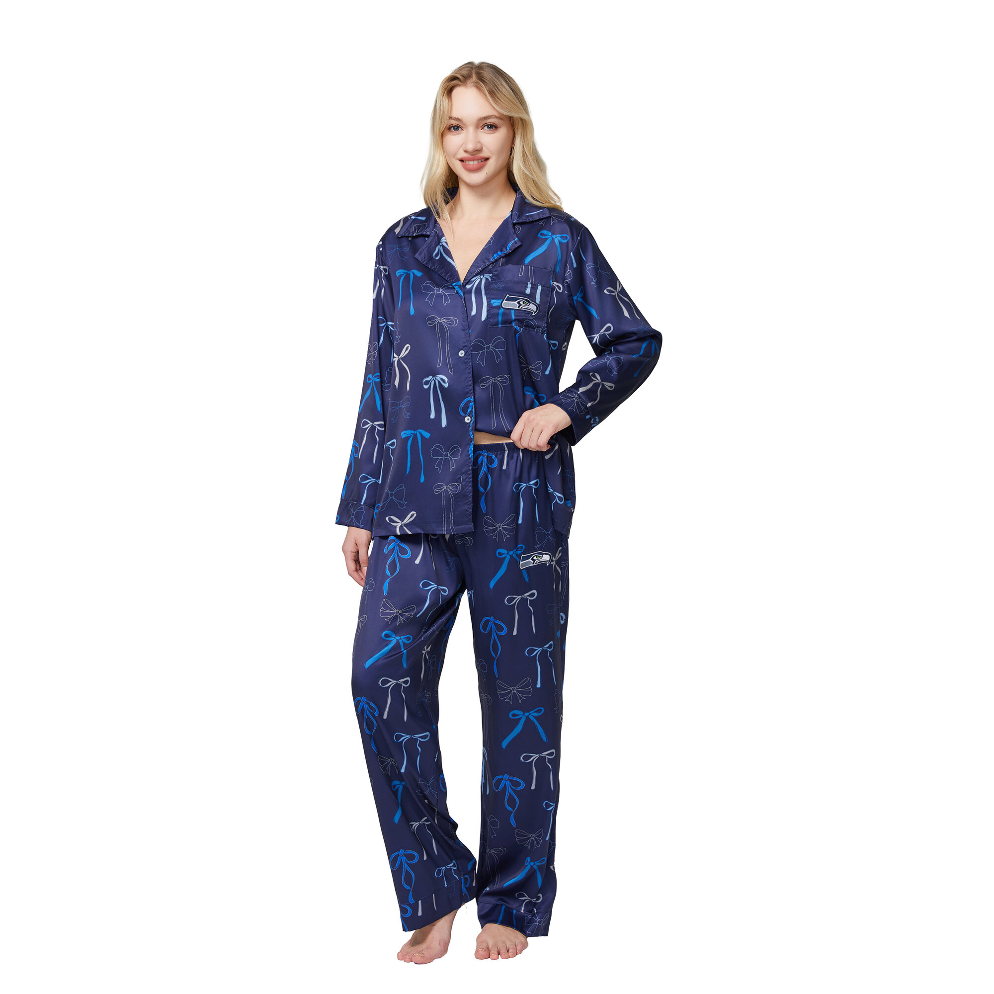 Women's Concepts Sport College Navy Seattle Seahawks Poppy Satin Long Sleeve Top and Pants Sleep Set