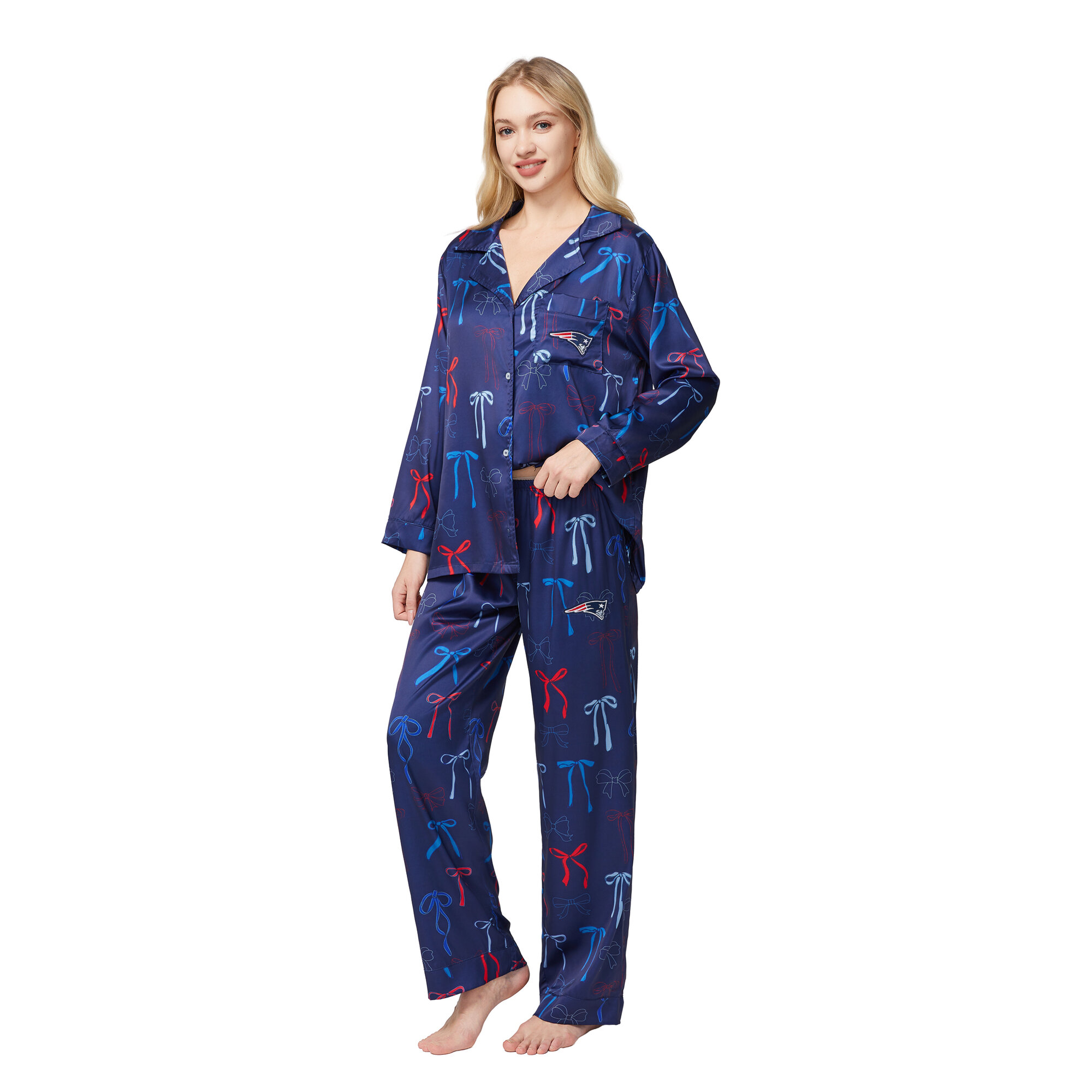 Women's Concepts Sport Navy New England Patriots Poppy Satin Long Sleeve Top and Pants Sleep Set