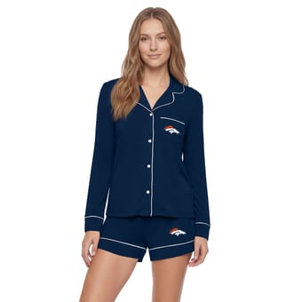 Women's Concepts Sport  Navy Denver Broncos Medley Long Sleeve Button-Up and Shorts Sleep Set