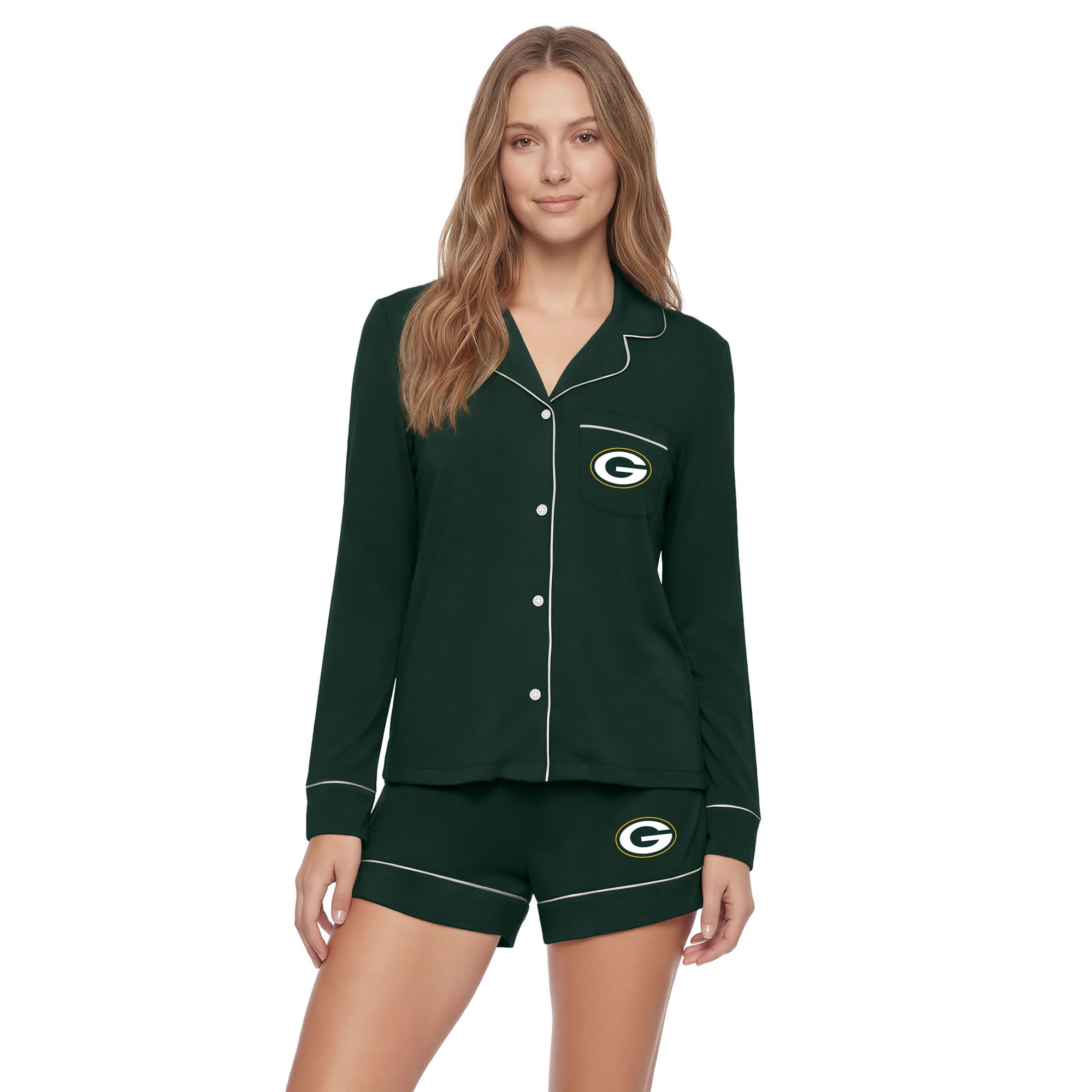 Women’s Concepts Sport Green Green Bay Packers Medley Long Sleeve Button-Up and Shorts Sleep Set Women’s Concepts Sport Green Green Bay Packers Medley Long Sleeve Button-Up and Shorts Sleep Set