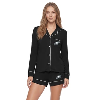 Women's Concepts Sport  Black Philadelphia Eagles Medley Long Sleeve Button-Up and Shorts Sleep Set
