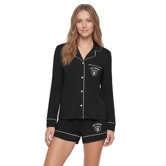 Women's Concepts Sport  Black Las Vegas Raiders Medley Long Sleeve Button-Up and Shorts Sleep Set