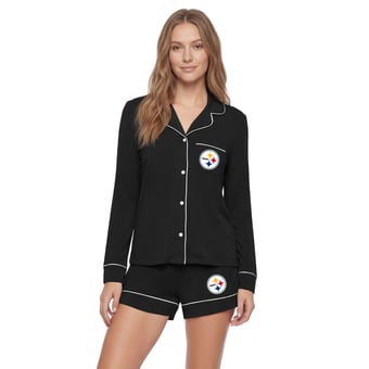 Women's Concepts Sport  Black Pittsburgh Steelers Medley Long Sleeve Button-Up and Shorts Sleep Set