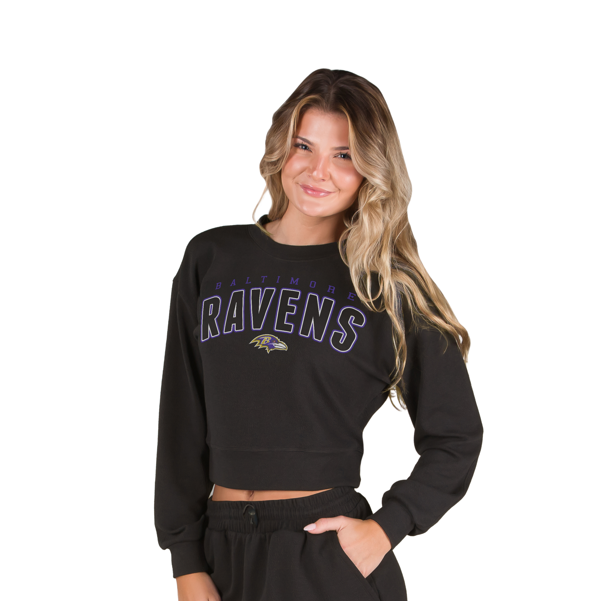 Women's Concepts Sport  Black Baltimore Ravens Kingston Long Sleeve Lounge Cropped Tri-Blend Top