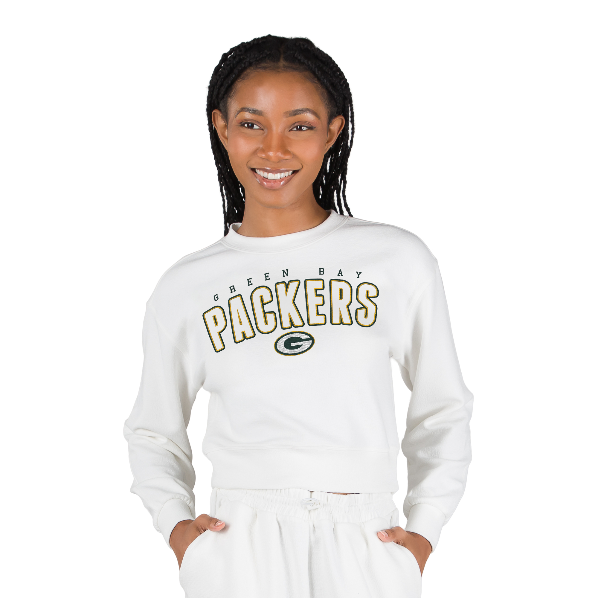 Women's Concepts Sport  White Green Bay Packers Kingston Long Sleeve Lounge Cropped Tri-Blend Top