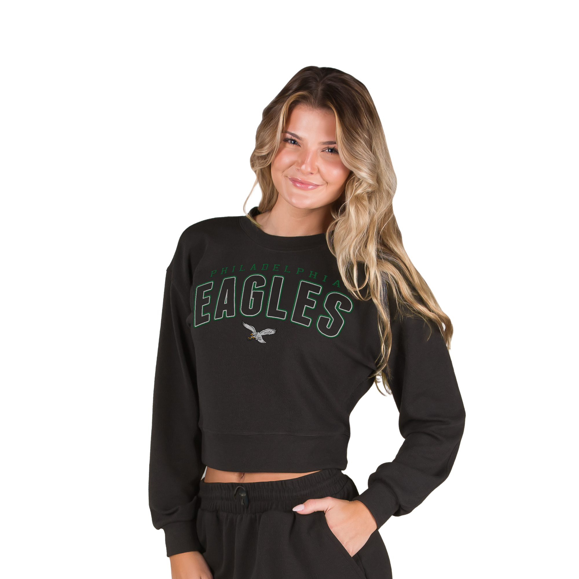 Women's Concepts Sport Black Philadelphia Eagles Kingston Long Sleeve Lounge Cropped Tri-Blend Top