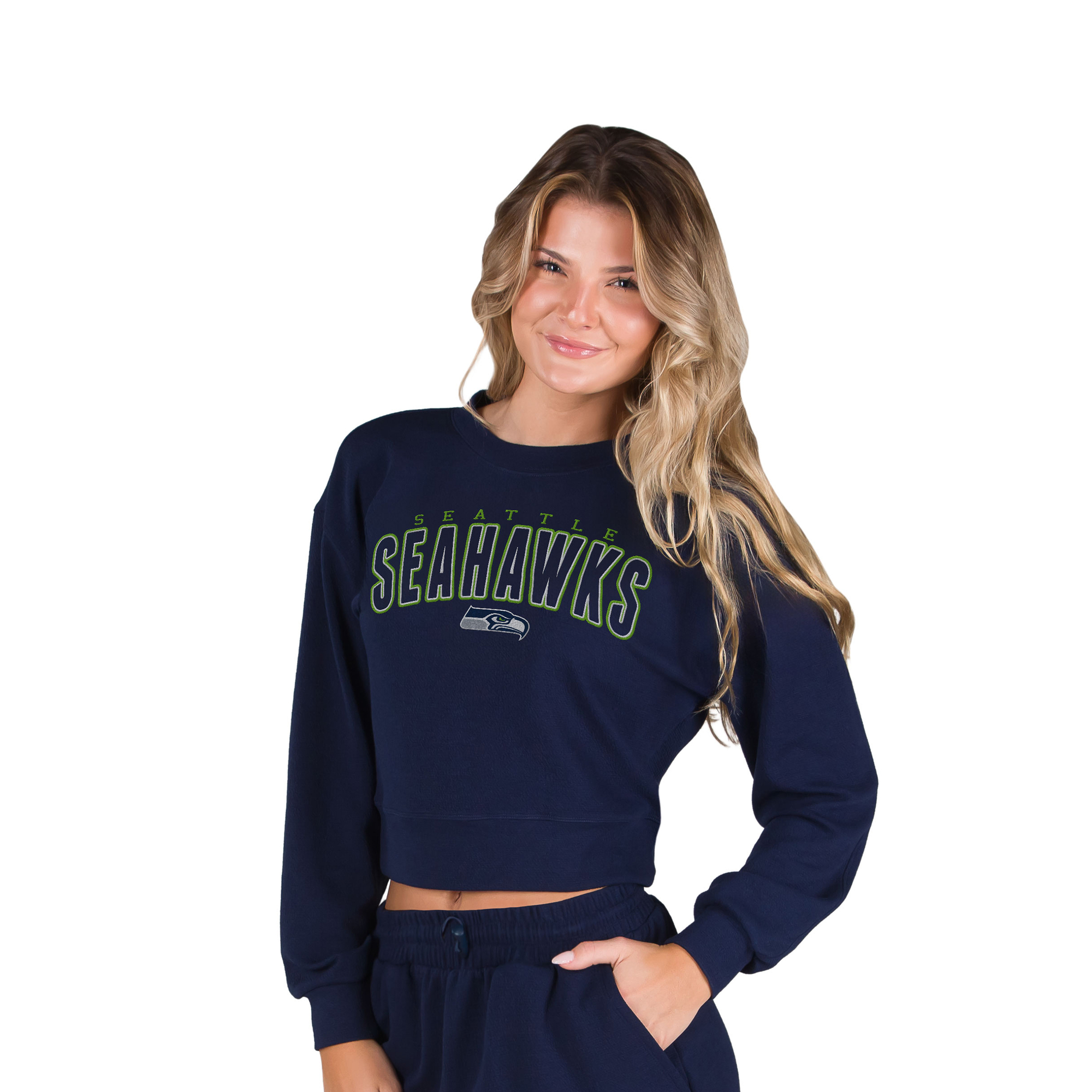 Women's Concepts Sport  College Navy Seattle Seahawks Kingston Long Sleeve Lounge Cropped Tri-Blend Top