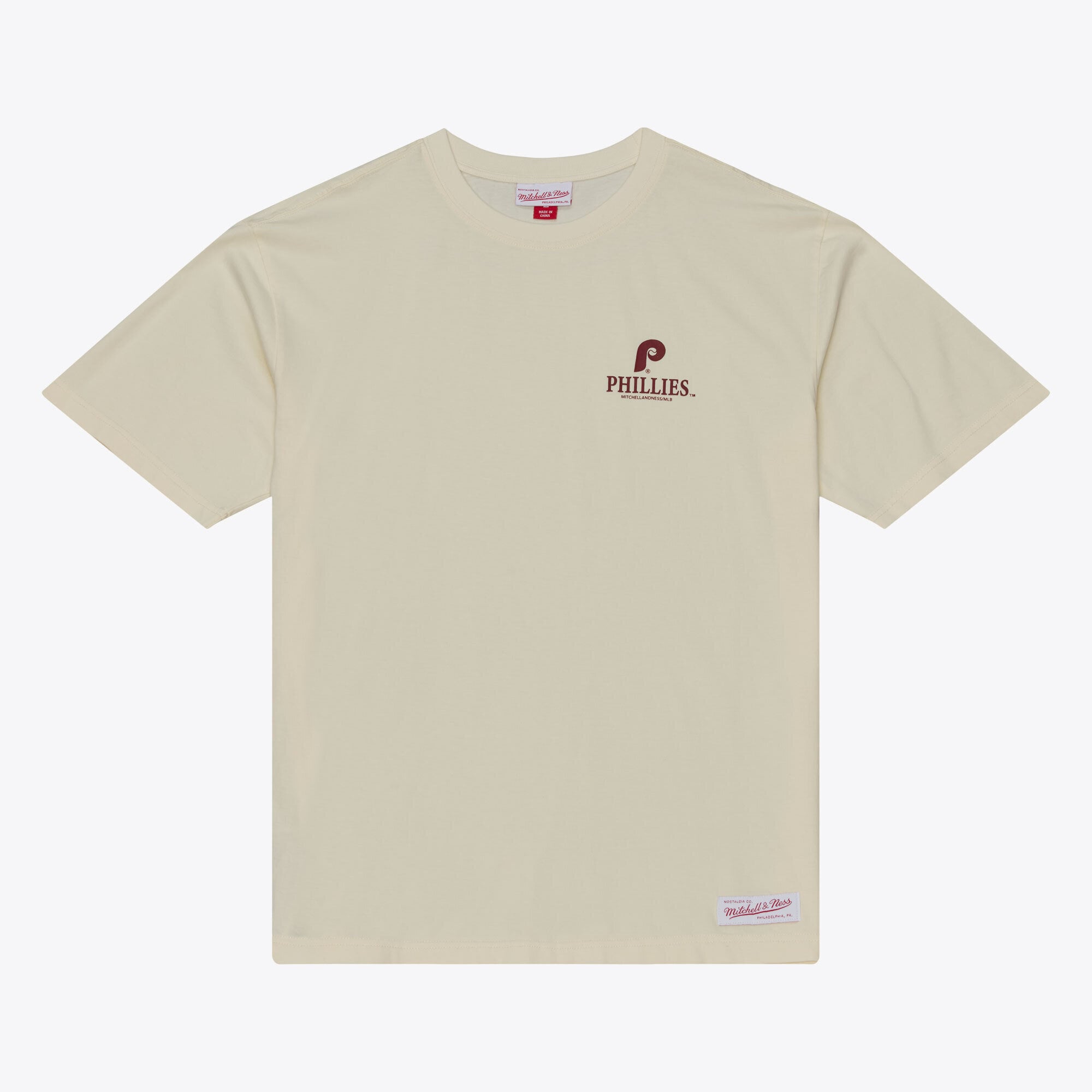 T-shirt da uomo Mitchell & Ness color crema dei Philadelphia Phillies, linea Core Essentials.