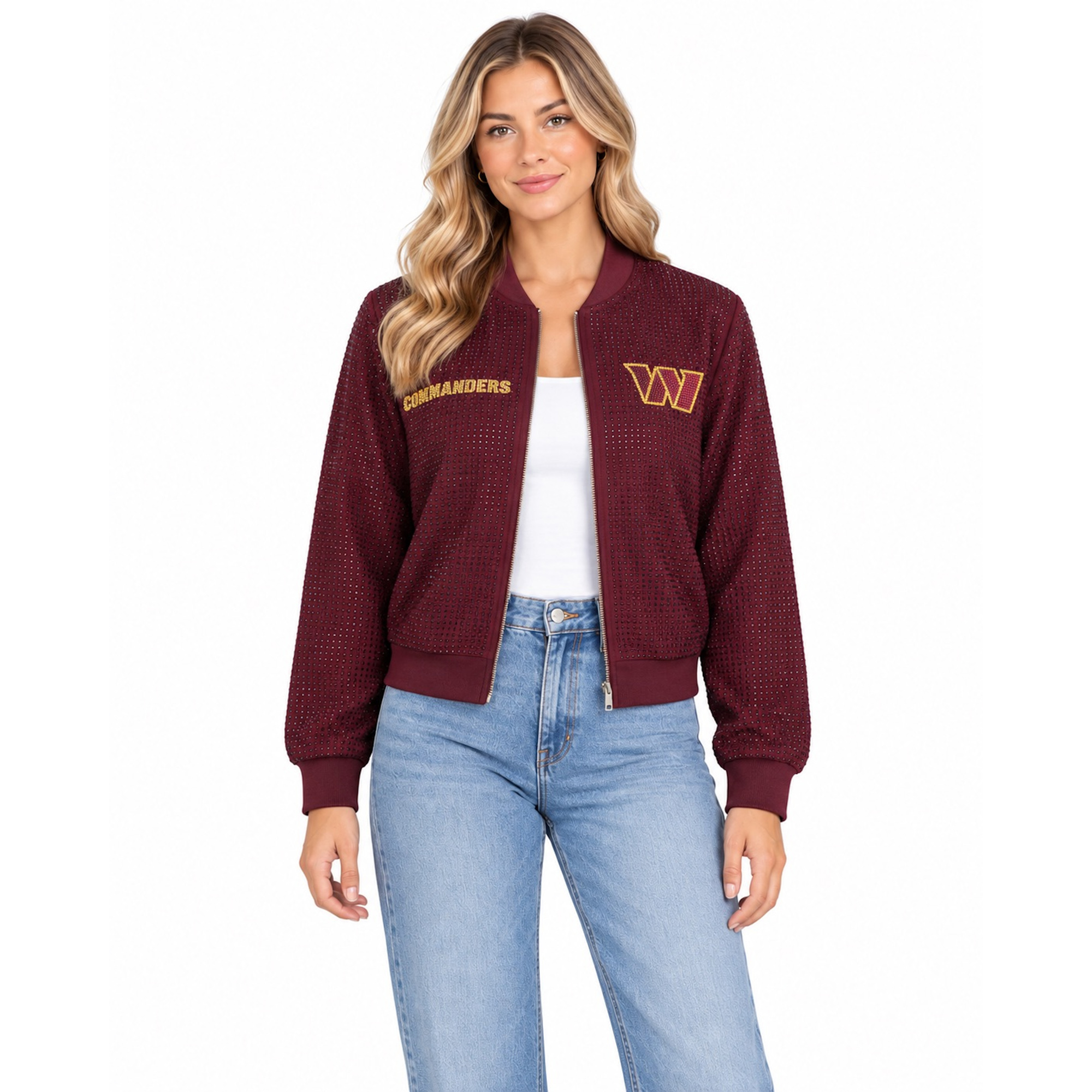 Women's FABGATING by Cuce Burgundy Washington Commanders Crystal Full-Zip Bomber Jacket